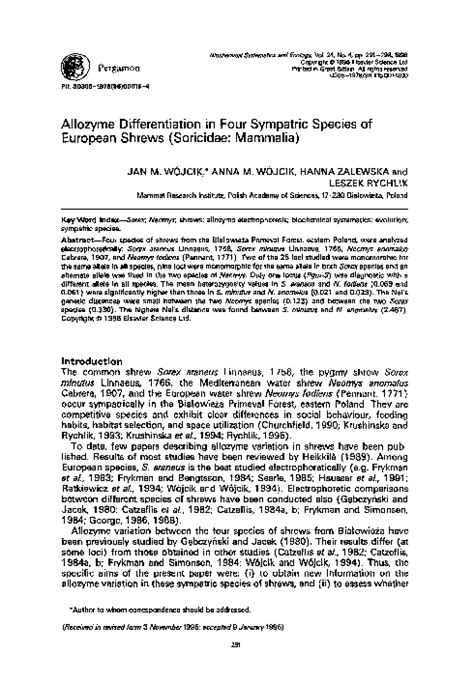 (PDF) Allozyme differentiation in four sympatric species of european shrews (Soricidae: Mammalia ...