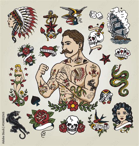 Tattoo flash set. Isolated tattoo hipster man and various tattoo images. Stock Vector | Adobe Stock