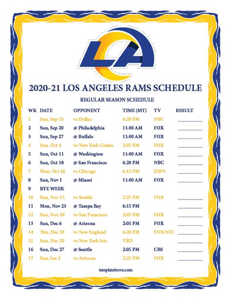 Printable 2020-2021 Los Angeles Rams Schedule