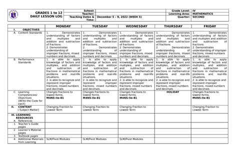 DLL MATH G4 Q2 W5 - DLL Math quarter 2 week 5 - GRADES 1 to 12 DAILY LESSON LOG School: Grade ...