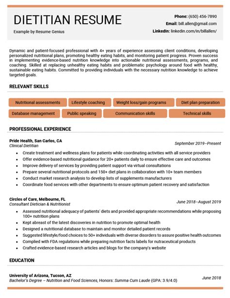 Dietitian Resume - Example, Template, & 20 Skills to List