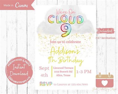 Cloud Nine Birthday Invitation Cloud 9 Party Invite Rainbow - Etsy ...