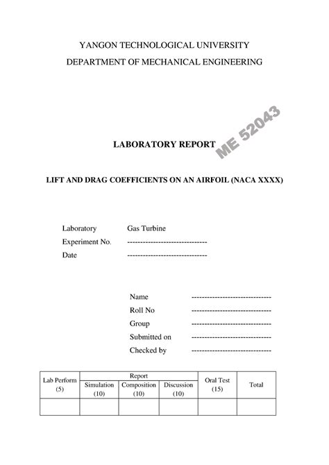 Laboratory 1 Lift and Drag NACA Airfoil - YANGON TECHNOLOGICAL ...