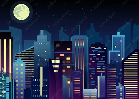 Vector illustration of night urban city landscape. Big modern city with skyscrapers in night ...