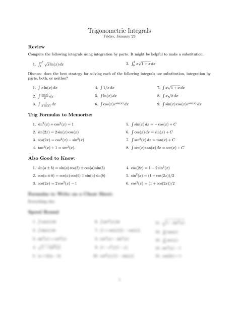 SOLUTION: Trigonometric integrals cheat sheet - Studypool