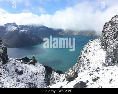 Snow scape of the Heaven Lake on the Paektu Mountain or Changbai Mountain in Yanbian Korean ...