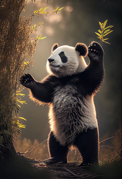 Premium AI Image | Panda standing on its hind legs reaching up for some leaves generative ai