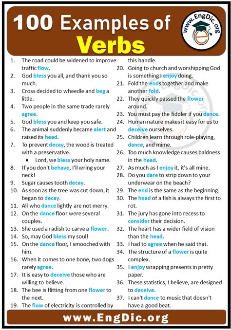 100 Examples of Verbs in Sentences The road could be widened to improve traffic flow. God bless ...