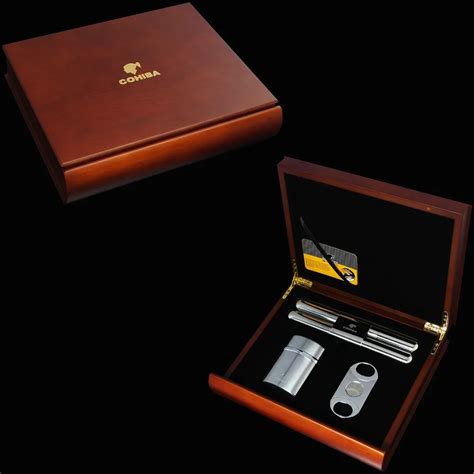 COHIBA Red Sandal Wood Cigar Humidor Cutter Lighter Tube Set W/Gift Box-in Cigar Accessories ...