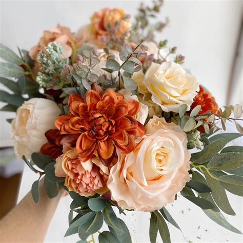 Bridal bouquets burnt orange silk roses wedding bouquet | Etsy