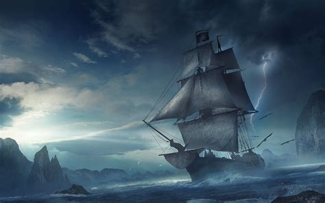 pirate ship images | Fantasy - Ship Cliff Jolly Roger Pirate Ship Rock Lightning Wallpaper ...