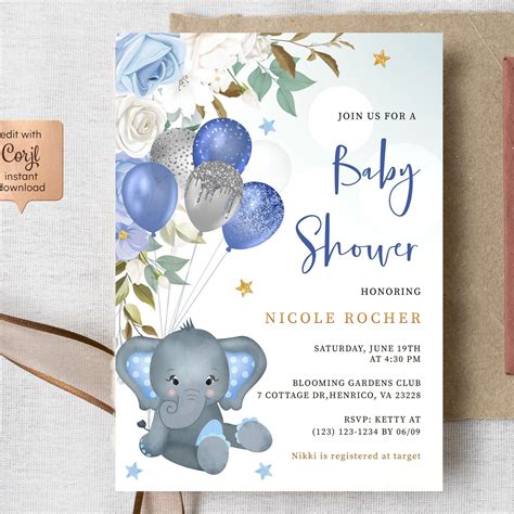 Elephant Boy Baby Shower Invitation Template, Blue Balloons Baby Showe – partyrainbow