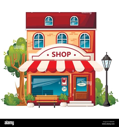 Shop front view. City design elements. Cartoon style design. Store with open sign, bench ...