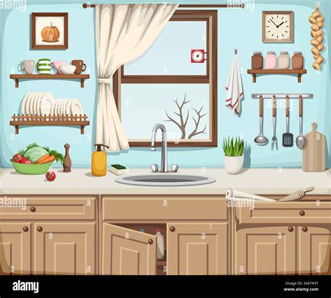 Vector illustration of a kitchen interior with a sink, a window and ...