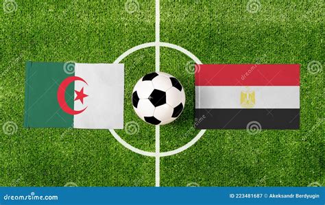 Top View Soccer Ball with Algeria Vs. Egypt Flags Match on Green Football Field Stock Image ...