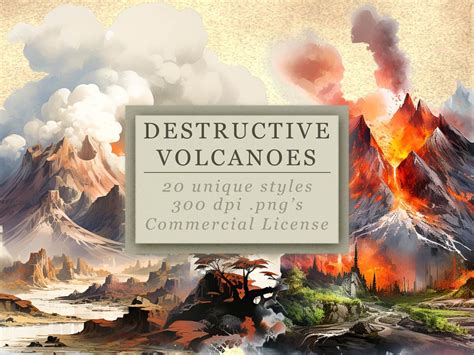 Destructive Volcanoes Clip Art Collection for Art and Design, Watercolor Beautiful Landscapes ...