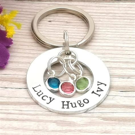 Personalised Birthstone Keyring | Birthstone Gifts | Washer Keychain | Name Gift | Family ...