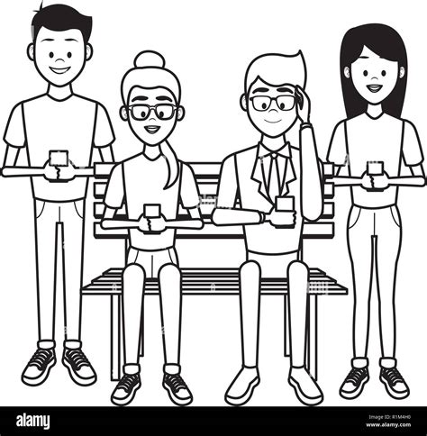 People using smartphones and seated on wooden bench in black and white vector illustration ...