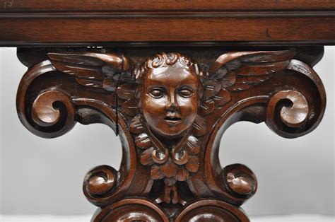 Antique French Renaissance Carved Cherub Angel Walnut and Marble Accent Side Table For Sale at ...