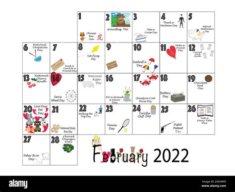 February 2022 illustrated monthly calendar of quirky holidays and ...