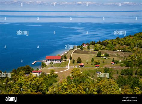 Aerial view of Rock Island State Park and its majestic boathouse, off of the tip of Door County ...