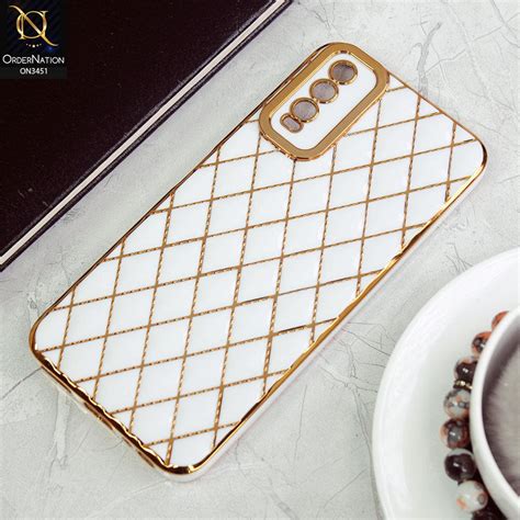 Vivo Y20T Cover - White - Soft TPU Shiny Electroplated Golden Lines Ca ...