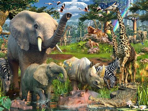 Jungle animals, elephant, crocodile, hippo, rhino, giraffe, zebra, lion, HD wallpaper | Peakpx