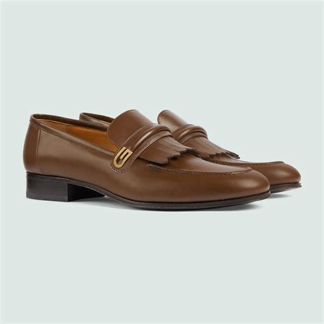 Men's loafer with mirrored G in brown leather | GUCCI® US