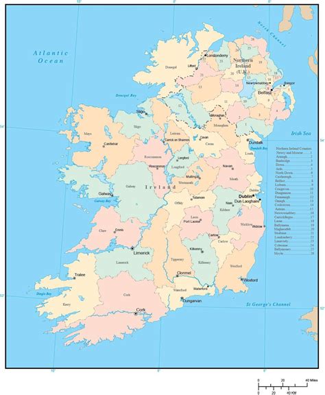 Ireland Map with County Areas and Capitals in Adobe Illustrator Format