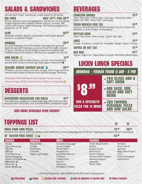 Fong's Pizza menu in Des Moines, Iowa, USA