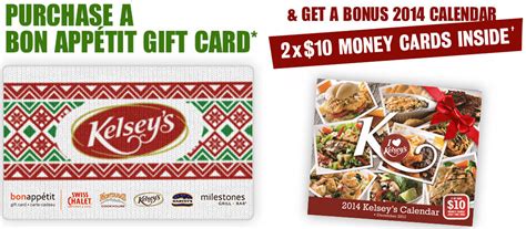 Kelseys Canada 2 x$10 FREE Money Cards + 2014 Calendar With Purchase of a Gift Card - Canadian ...