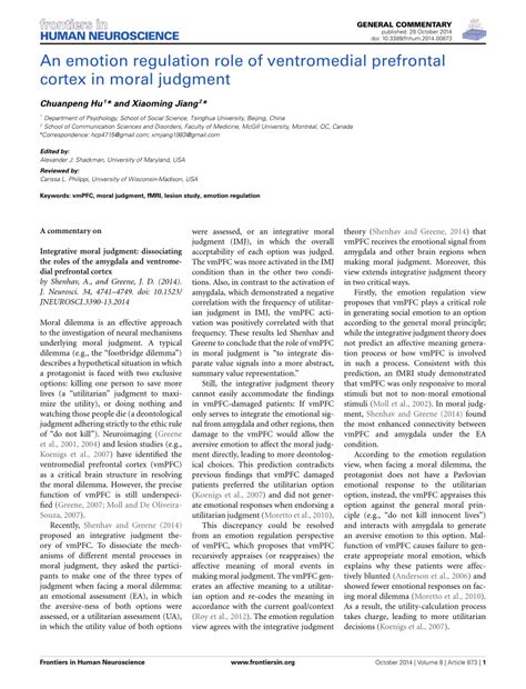 (PDF) An emotion regulation role of ventromedial prefrontal cortex in moral judgment