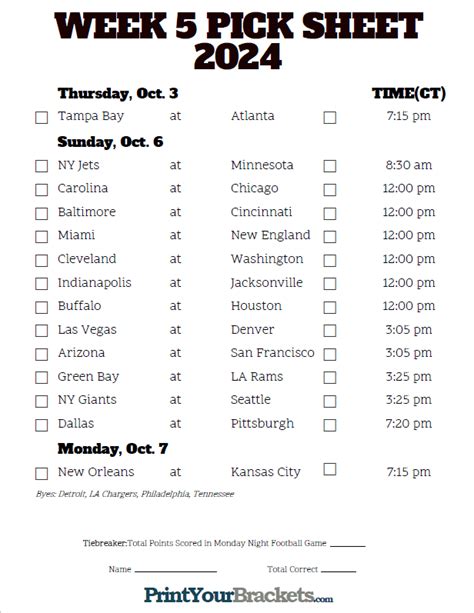 Central Time Week 5 NFL Schedule 2024 - Printable