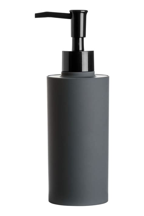 Charcoal gray. Soap dispenser in matte plastic with a glossy plastic pump at top. Diameter 2 1/4 ...