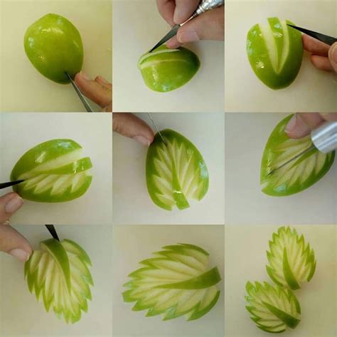 Creative Fruit Carving: Painting Apple with Green Leafy Designs