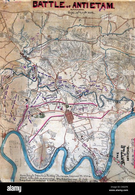 Map of Battle of Antietam (Sharpsburg) during USA Civil War showing troop positions Stock Photo ...