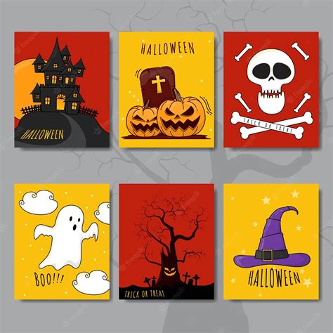 Premium Vector | Set of halloween cards in cartoon design