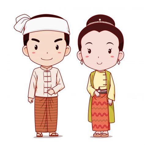 Premium Vector | Couple of cartoon characters in myanmar traditional costume. | Cartoon, Cartoon ...