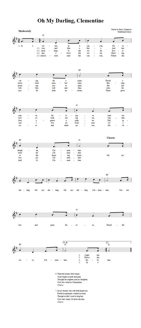 Oh My Darling, Clementine: Chords, Lyrics, and Sheet Music for C Instruments