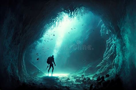 Dark Mysterious Underwater Cave Diving To Bottom of Ocean Stock ...