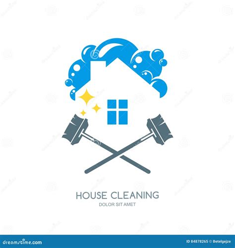 Cleaning Service Logo, Emblem Or Icon Design Template. Clean House And Mops Illustration ...