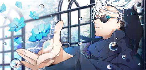 Download Hand Rain Cat Glasses Blue Eyes White Hair Satoru Gojo Anime Jujutsu Kaisen 4k Ultra HD ...