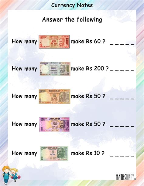 Currency notes - Math Worksheets - MathsDiary.com