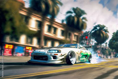 Tuned Toyota Supra drifting through Los Angeles. Generative AI. Stock ...