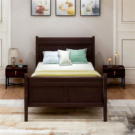 Clearance!Espresso Twin Bed Frame, Wood Twin Platform Bed Frame with Headboard and Footboard ...