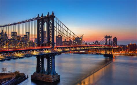 Descargar fondos de pantalla El Puente de Manhattan, noche, puente ...