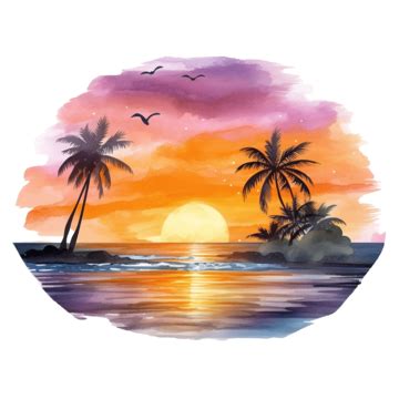 Beach Sunset Watercolor Clipart Ai Generated, Beach, Sunset, Ocean PNG Transparent Image and ...