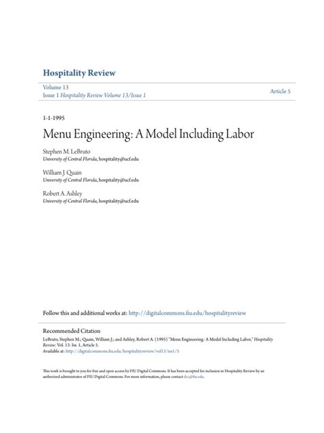 Menu Engineering - A Model Including Labor | PDF | Profit (Accounting) | Menu