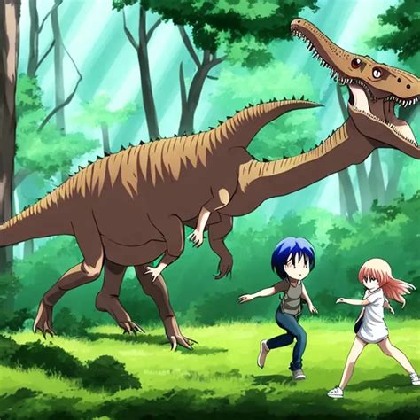 anime dinosaur chasing anime girl in forest