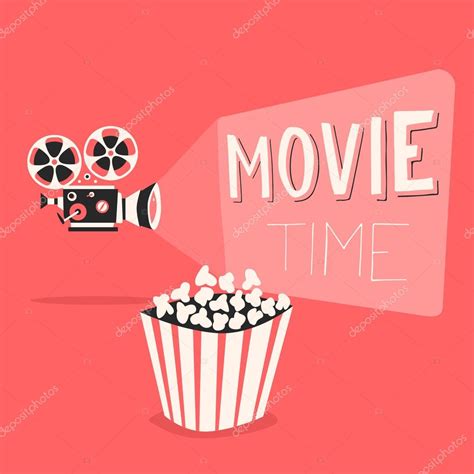 Movie time poster. Cartoon vector illustration. Film projector and popcorn — Stock Vector ...